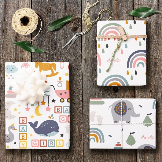 Cute Baby Girl Pink Pattern met Name Baby shower Inpakpapier Vel