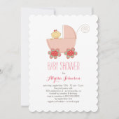 Cute Baby Girl Pink Pram Baby shower Invite Kaart (Voorkant)