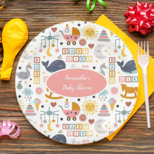 Cute Baby Girl Pink Speelgoed Pattern Baby shower Papieren Bordje