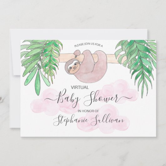 Cute Baby Girl Sloth Virtual Baby shower Invitatio Kaart (Voorkant)