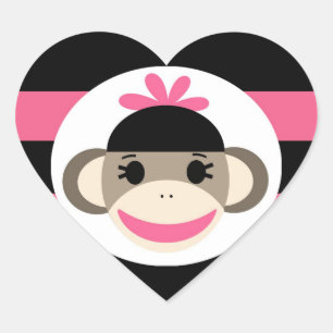 Cute Baby Girl Sock Monkey Black Pink Stripes Hart Sticker