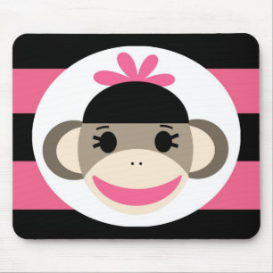 Cute Baby Girl Sock Monkey Black Pink Stripes Muismat