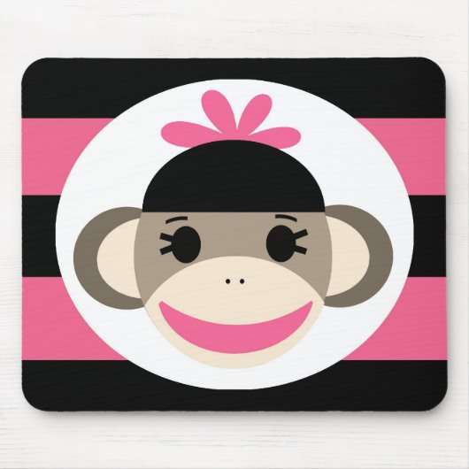 Cute Baby Girl Sock Monkey Black Pink Stripes Muismat (Voorkant)