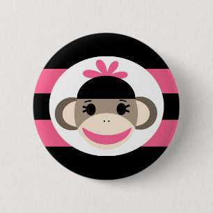 Cute Baby Girl Sock Monkey Black Pink Stripes Ronde Button 5,7 Cm