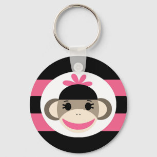 Cute Baby Girl Sock Monkey Black Pink Stripes Sleutelhanger