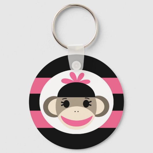 Cute Baby Girl Sock Monkey Black Pink Stripes Sleutelhanger (Voorkant)