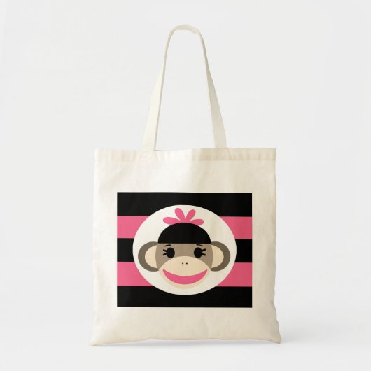 Cute Baby Girl Sock Monkey Black Pink Stripes Tote Bag (Voorkant)