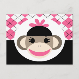Cute Baby Girl Sock Monkey Pink Black Argyle Briefkaart