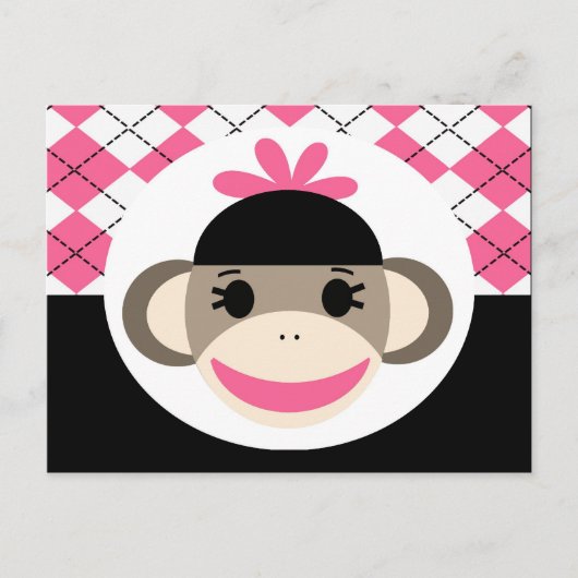 Cute Baby Girl Sock Monkey Pink Black Argyle Briefkaart (Voorkant)