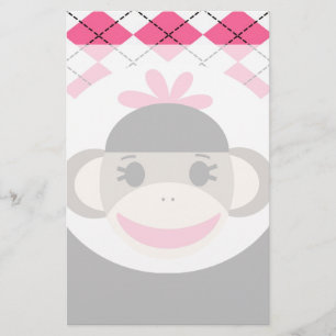 Cute Baby Girl Sock Monkey Pink Black Argyle Briefpapier
