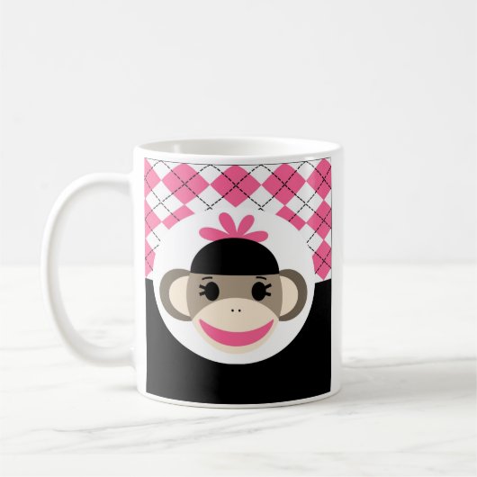 Cute Baby Girl Sock Monkey Pink Black Argyle Koffiemok (Links)