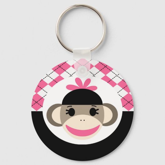 Cute Baby Girl Sock Monkey Pink Black Argyle Sleutelhanger (Voorkant)