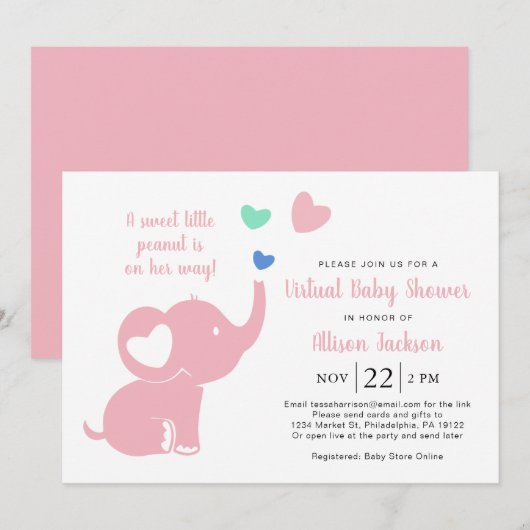 Cute Baby Girl Virtual Shower Elephant Pink Kaart (Voorkant / Achterkant)