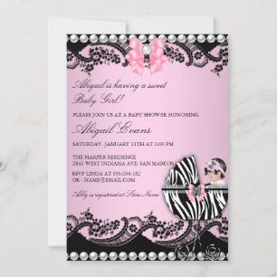 Cute Baby Girl Zebra Lace & Bows Baby shower Kaart
