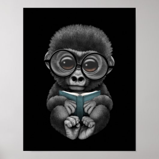 Cute Baby Gorilla Een boek lezen over zwart Poster (Voorkant)