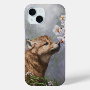 Cute Baby Gray Wolf Pup and Flowers iPhone 15 Case