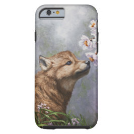 Cute Baby Gray Wolf Pup and Flowers iPhone 15 Case