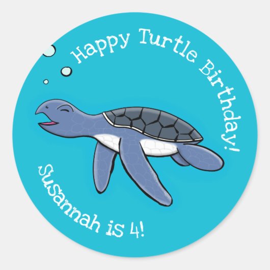 Cute baby happy zee turtle swimming cartoon ronde sticker (Voorkant)
