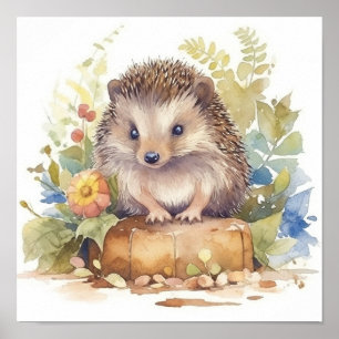 Cute Baby Hedgel in een Vloertuinlijke Waterverf Poster