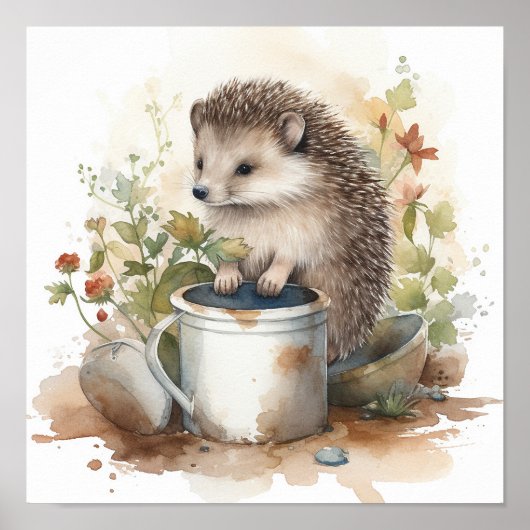 Cute Baby Hedgel in een Vloertuinlijke Waterverf Poster (Voorkant)