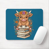 Cute Baby Highland Cow Reading Book Librarian Book Muismat (Met muis)