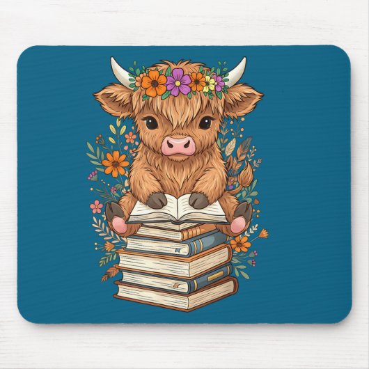 Cute Baby Highland Cow Reading Book Librarian Book Muismat (Voorkant)