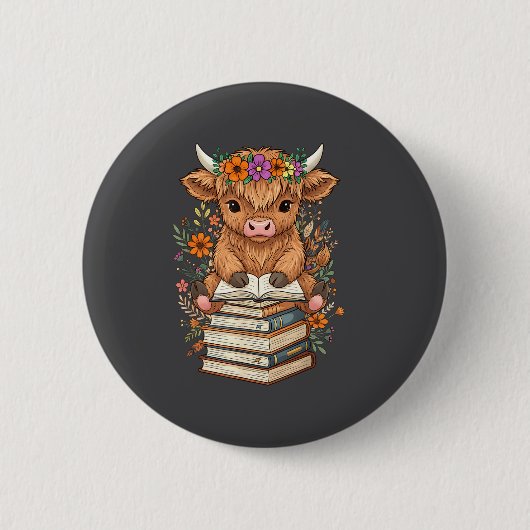Cute Baby Highland Cow Reading Book Librarian Book Ronde Button 5,7 Cm (Voorkant)