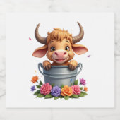 Cute Baby Highland Cow With flowers Calf Animal co Sparkling Wijnetiket (Enkel label)