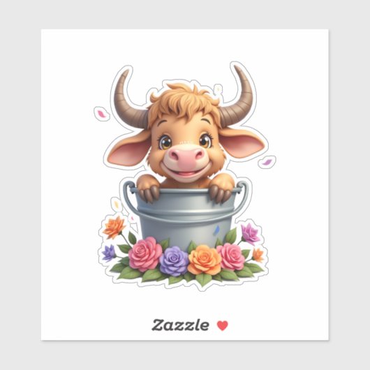 Cute Baby Highland Cow With flowers Calf Animal co Sticker (Vel)
