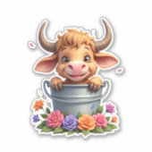 Cute Baby Highland Cow With flowers Calf Animal co Sticker (Voorkant)