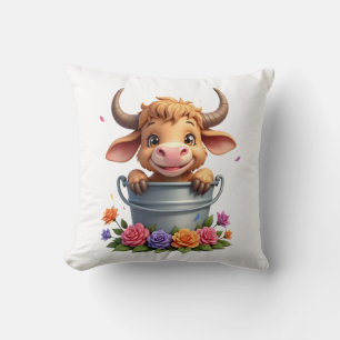 Cute Baby Highland Koe Met Bloemen Kalf Dier co Kussen