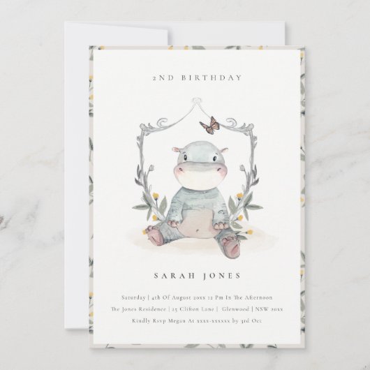 Cute Baby Hippo Foliage any Age Birthday Invite Bedankkaart (Voorkant)
