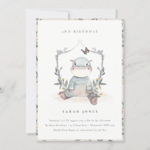 Cute Baby Hippo Foliage any Age Birthday Invite Bedankkaart