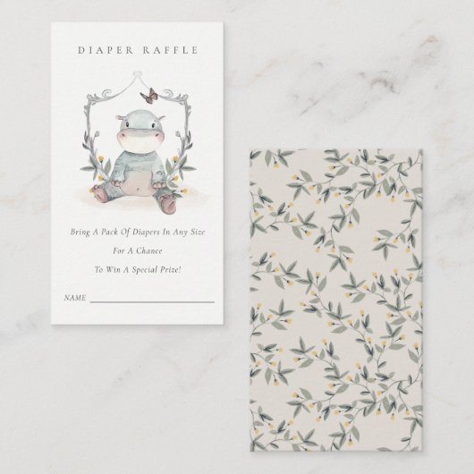 Cute Baby Hippo Foliage Diaper Raffle Baby shower Informatiekaartje (Voorkant / Achterkant)