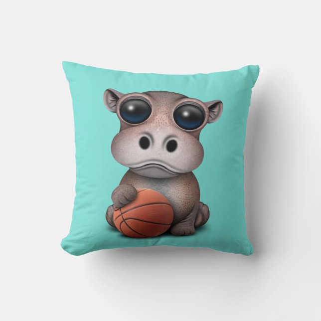 Cute Baby Hippo spellen met Basketball Kussen (Voorkant)