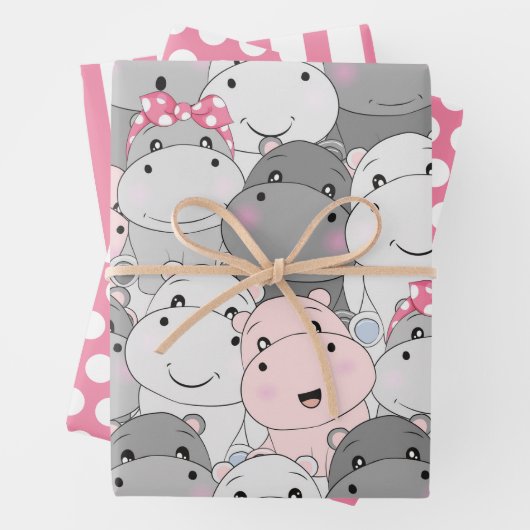Cute Baby Hippos Wrapping Paper Set (In situ)