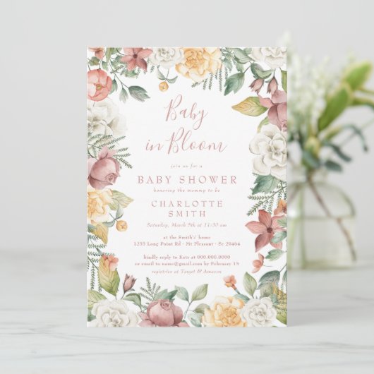 Cute Baby in Bloom Floral Girl Baby shower Boho Kaart (Staand voorkant)