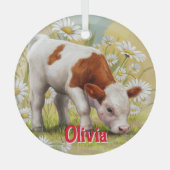 Cute Baby Kalf,Madeliefjes,Platteland,Aquarel Glas Ornament (Voorkant)
