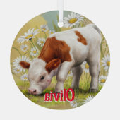 Cute Baby Kalf,Madeliefjes,Platteland,Aquarel Glas Ornament (Achterkant)