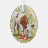 Cute Baby Kalf,Madeliefjes,Platteland,Aquarel Glas Ornament (Voorkant links)