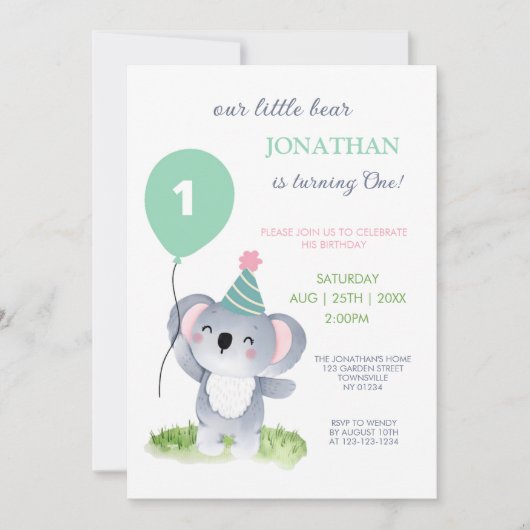 Cute Baby Koala Balloon Kids Birthday Kaart (Voorkant)