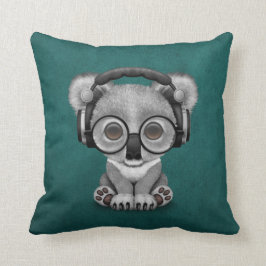 Cute Baby Koala Beer Dj die hoofdtelefoons op blau Kussen