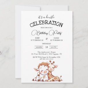 Cute Baby Koe en Giraffe Dubbel Verjaardagsfeestje Kaart