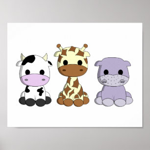 Cute baby koe giraffe hippo cartoon poster