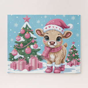 Cute Baby Koe Roze Kerst Legpuzzel