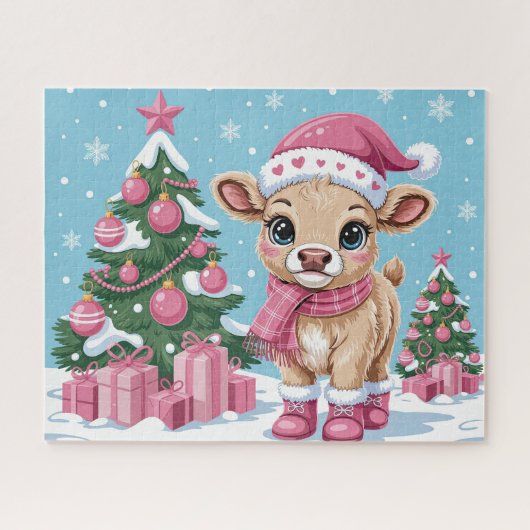 Cute Baby Koe Roze Kerst Legpuzzel (Horizontaal)