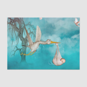 Cute baby komt met ooievaar tissuepapier