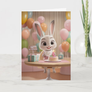 Cute Baby Konijn met Taart en Ballonnen 1e Verjaar Kaart