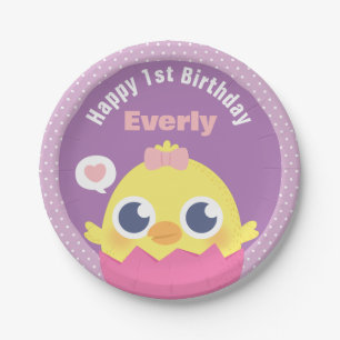 Cute Baby Kuiken Meisje Eerste Verjaardag Feest Ar Papieren Bordje