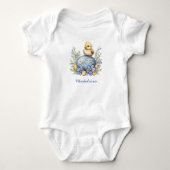 Cute Baby Kuiken Paasei Blauw Geel Monogram Romper (Voorkant)